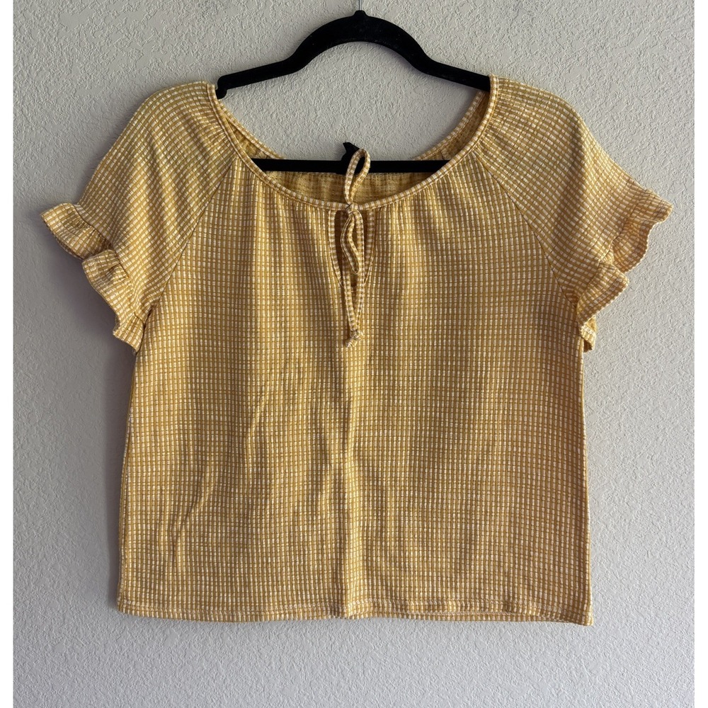 W5 Yellow Knit Tie-Front Short Sleeve Top size S Gingham